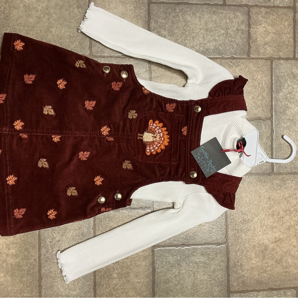 Corduroy Dress with Embroidered Leaves And Turkey